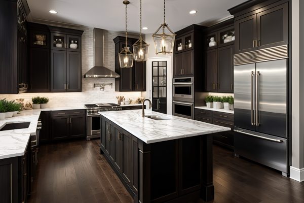 Modern kitchen interior with Home decoration. Luxury stylish with counter bar and cooking equipment. Modern design background with Generative AI.